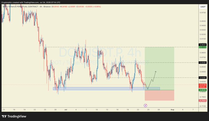 A 4-hour candlestick chart of DOT/USDT Perpetual Contract on Binance shows price trading between key levels of $0.8163 and $0.8882, with price currently sitting at the $0.8081 support zone marked by a blue highlighted area, while a green projection box illustrates the anticipated bounce scenario described in the accompanying post.