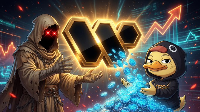 A crypto-themed illustration showing a hooded figure with red glowing eyes alongside a duck mascot holding a pile of glowing blue coins, with a large golden 'W' or similar logo and an upward stock chart arrow in the background.