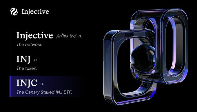 A promotional graphic for the Injective blockchain network defining "Injective" and its tokens, listing INJ as the token and INJC as the Canary Staked INJ ETF, with a glossy 3D infinity-like logo on the right.