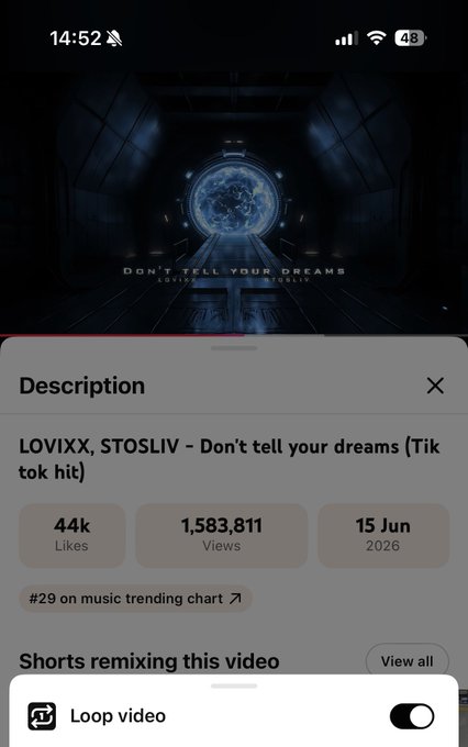 A YouTube Shorts interface shows a music video titled "LOVIXX, STOSLIV – Don't tell your dreams [Tik tok hit]" with 44k likes, 1,583,811 views, posted 15 Jun 2026, and #29 on the music trending chart. The dark, sci-fi themed thumbnail features the song's title text and a glowing circular portal, creating an eerie, mysterious atmosphere that fits the caption's suggestion that "he knows something."