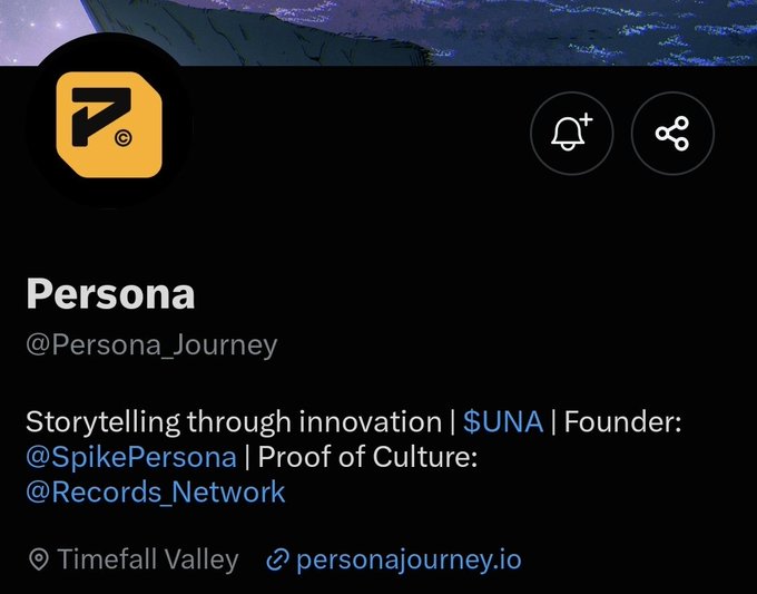 The image shows a social media profile for "Persona" (@Persona_Journey) with the bio "Storytelling through innovation | $UNA | Founder: @SpikePersona | Proof of Culture: @Records_Network," located in "Timefall Valley" with a link to personajourney.io. The profile notably lacks the X premium (Twitter Blue) checkmark badge, supporting the accompanying post's claim that Persona abandoned their X premium subscription after profiting from their NFT collection, suggesting a rug pull.