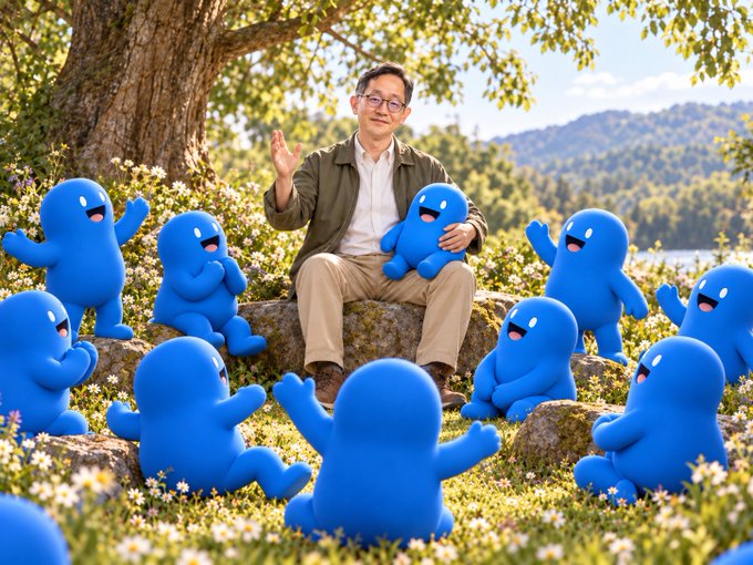 A man in glasses and a green jacket sits outdoors surrounded by cheerful blue blob-like creatures in a flowery meadow.