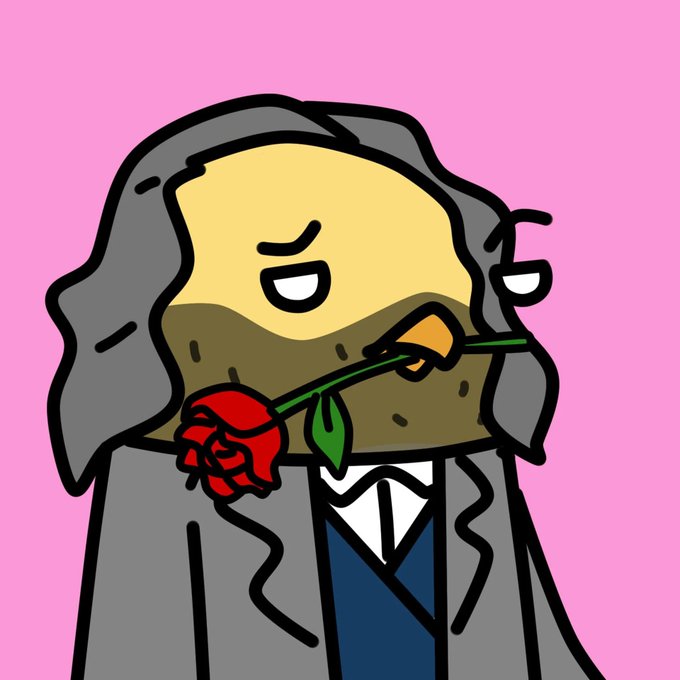 A cartoon illustration of a bearded man with long gray hair and a gray suit holding a red rose in his mouth against a pink background.