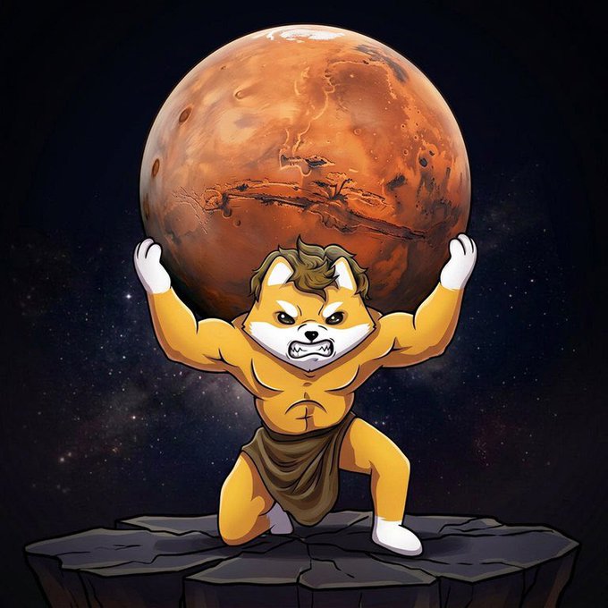An illustration of a muscular, anthropomorphic Shiba Inu dog holding up a planet resembling Mars in an Atlas pose, set against a starry space background.