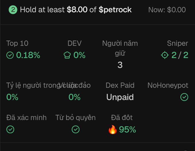 A token information panel showing 'Hold at least $8.00 of $petrock' with various metrics including Top 10 (0.18%), Sniper (2/2), NoHoneypot verified, and 95% burned.