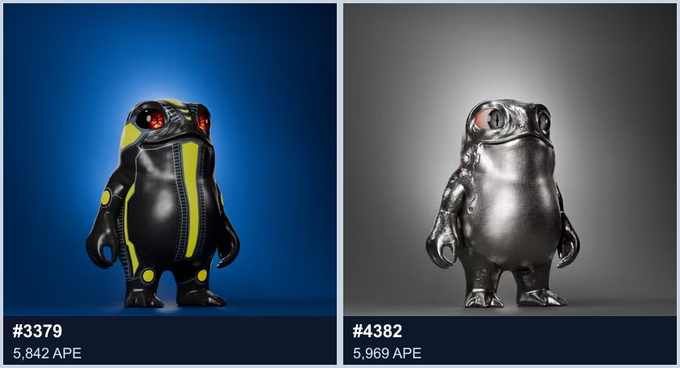 Two collectible 3D figurines are displayed: a black and yellow figure labeled '#3379' and a metallic silver figure labeled '#4382', both priced in 'APE'.