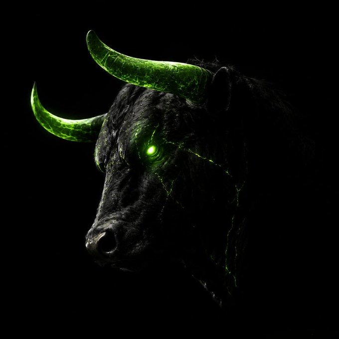 A dark, dramatic illustration of a bull's head with glowing green horns and eyes, set against a black background.