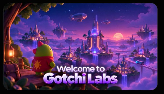 A digital illustration featuring a character in a red hoodie looking out at a fantastical landscape with floating islands and castles, overlaid with the text 'Welcome to Gotchi Labs'.
