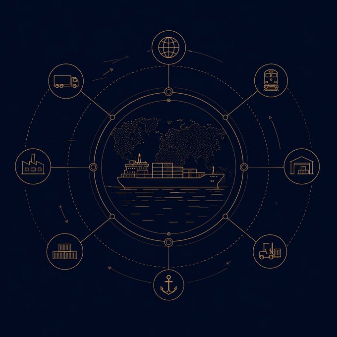 A dark blue infographic showing a cargo ship at the center connected to icons representing global logistics including a globe, train, warehouse, forklift, anchor, factory, and truck.