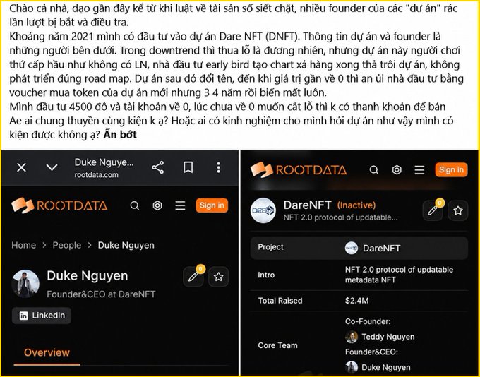 The image shows a Vietnamese social media post warning about the shady NFT project DareNFT (DNFT), in which the founder Duke Nguyen allegedly raised $2.4M, caused the early investor (who put in $4,500) to lose everything down to $0, and left no roadmap, token, or product behind—prompting the poster to suggest filing a complaint with authorities.