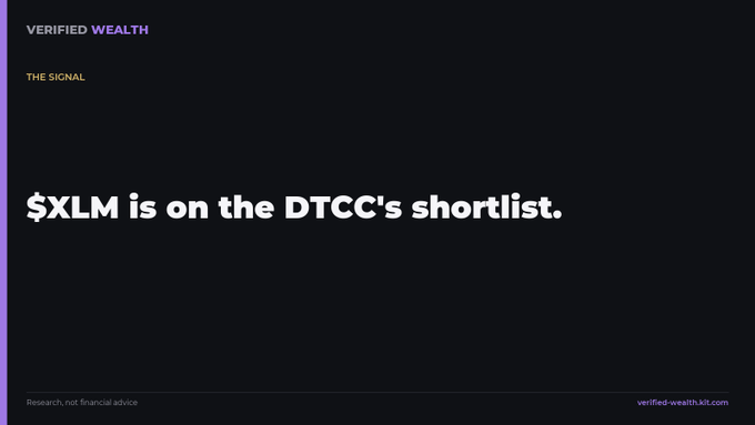 The image shows a slide with text that reads "Verified Wealth $XLM is on the DTC's shortlist." The background of the slide is black, making the white text stand out. The title of the slide is written in purple, which contrasts nicely against the black background. The content of the slide seems to be related to a cryptocurrency or tokenization project, as it mentions "Canton #tokenization" and "focus on what is in the image".