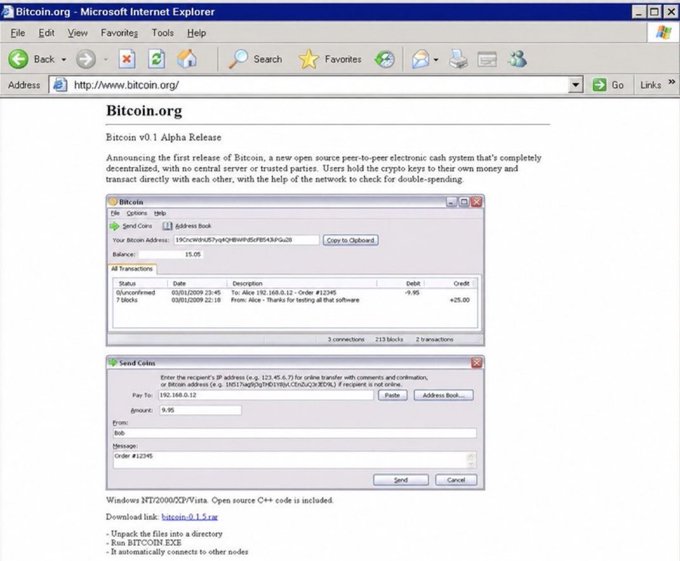 A screenshot of the Bitcoin.org website announcing 'Bitcoin v0.1 Alpha Release' viewed in Microsoft Internet Explorer, showing early Bitcoin transaction examples.