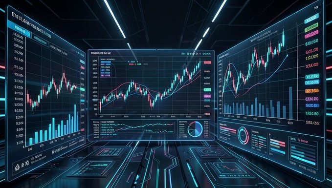 A futuristic trading setup displaying multiple screens with colorful cryptocurrency and stock candlestick charts.