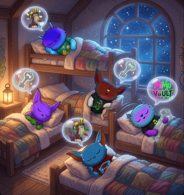 The image features five cartoon characters, including four beds with their respective occupants, who are all sleeping peacefully. The character sheets display various colors such as purple, blue, green, red, and orange. The text "Shhhhh!!! Very quiet. They had a long day of fulfilling the @mimuvault MISSION! They have BIG DREAMS of that MAYC! Have a wonderful Wednesday Everyone!" is present in the image, which seems to be related to the post about the characters' activities or achievements during the week.

The beds are arranged in a way that they face each other, creating an interesting visual effect and emphasizing their close proximity as friends or companions. The overall scene conveys a sense of tranquility and camaraderie among the cartoon characters.