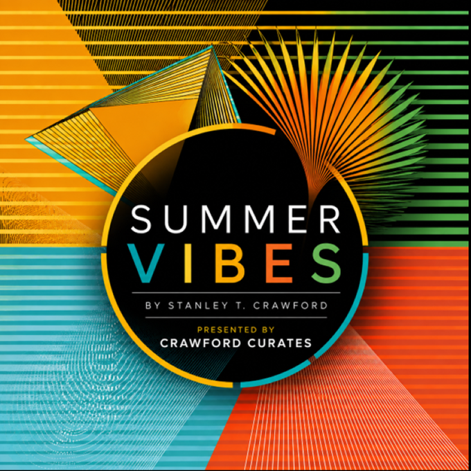A vibrant promotional graphic titled 'SUMMER VIBES BY STANLEY T. CRAWFORD PRESENTED BY CRAWFORD CURATES' set against a background of colorful geometric line patterns in yellow, green, blue, and orange.