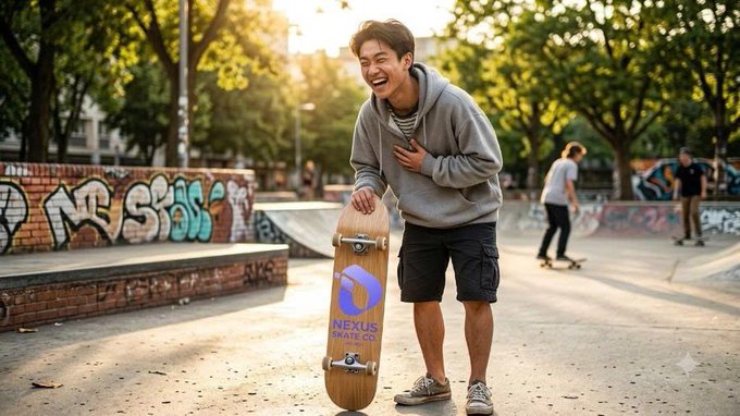 A young man laughs joyfully while holding a skateboard with a purple 'NEXUS SKATE CO.' design, standing in a sunny skatepark with graffiti-covered ramps and other skaters in the background.