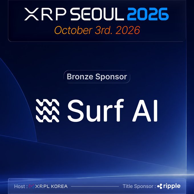 An event poster for 'XRP SEOUL 2026' on October 3rd, 2026, listing Surf AI as a Bronze Sponsor, hosted by XRPL KOREA with Ripple as Title Sponsor.