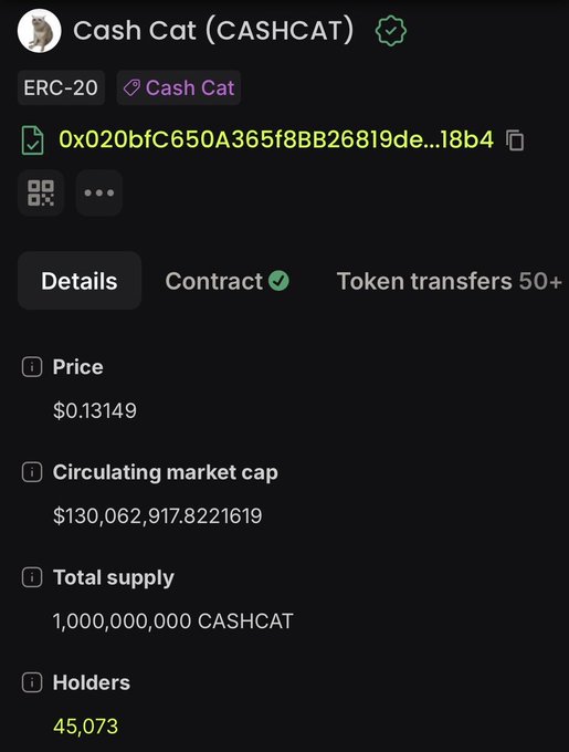 A screenshot displaying Cash Cat (CASHCAT) ERC-20 token details on Etherscan, showing a price of $0.13149, a circulating market cap of approximately $130.062 million, a total supply of 1 billion CASHCAT, and 45,073 holders, supporting the post's claim of rapid price growth and a surge in new holders.