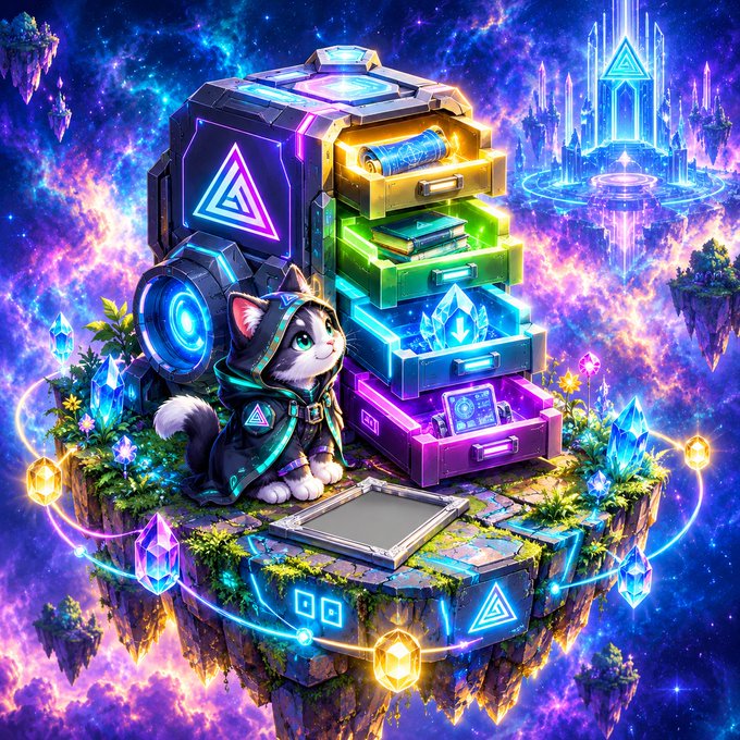 A vibrant fantasy digital artwork of a gray kitten in a hooded cloak standing next to a glowing multi-colored treasure chest on a floating island with crystals and a castle in the background.