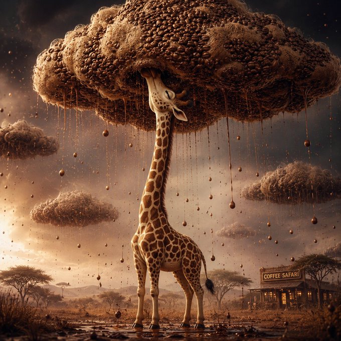 A surreal digital illustration of a giraffe standing in a savanna with a massive coffee-bean cloud above it dripping coffee, with a 'COFFEE SAFARI' sign visible in the background.