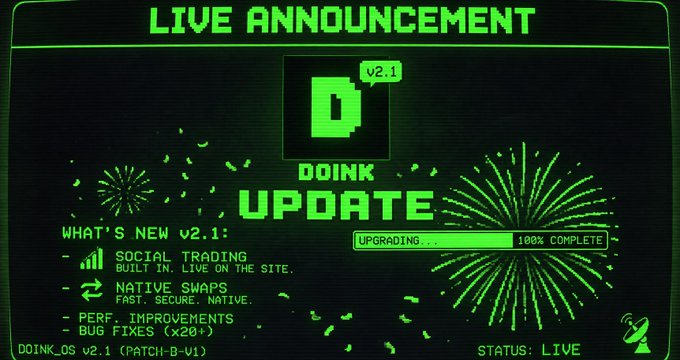 A retro green computer screen displays a "LIVE ANNOUNCEMENT" for DOINK UPDATE v2.1, listing new features including Social Trading, Native Swaps, Performance Improvements, and bug fixes, with an "UPGRADING... 100% COMPLETE" progress bar and "STATUS: LIVE" indicator. The image directly visualizes the post's announcement of Doink v2's launch, highlighting the social trading feature, native $pons coin swaps, and platform improvements.