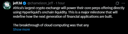 A tweet from Hyperliquid founder Jeff Yan (@chameleon_jeff) announcing that VALR, Africa's largest crypto exchange, will power its core perpetuals offering using Hyperliquid's onchain liquidity, with the visible text calling it "a major milestone that will redefine how the next generation of financial applications are built."