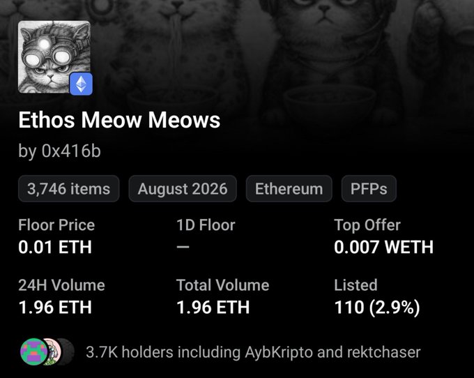 The image displays a NFT collection page for "Ethos Meow Meows" by 0x416b, featuring 3,746 items on Ethereum with a floor price of 0.01 ETH, 24H volume of 1.96 ETH, and notable holders including AybKripto and rektchaser. This relates to the post as it showcases the NFT that was airdropped to Ethos Network's old users, with the author's selection of an NFT over staking appearing to be one of these "Meow Meows."
