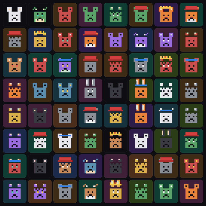 A grid of 64 colorful pixel-art critter icons displayed in square tiles, representing the diverse collection of unique NFT characters available for minting on the Arc Critters platform.