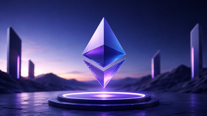 A purple and blue Ethereum logo hovers above an illuminated circular platform against a twilight landscape with abstract monoliths.