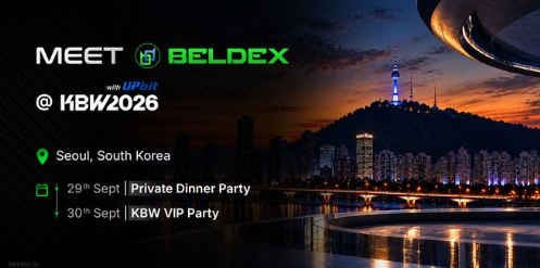 A promotional banner for an event reads 'MEET @ BELDEX with UPPbit @ KBW2026' in Seoul, South Korea, listing a Private Dinner Party on 29th Sept and a KBW VIP Party on 30th Sept, with a Seoul cityscape at night in the background.