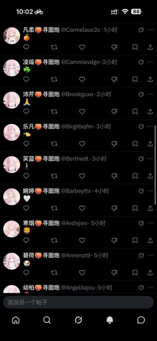 A social media feed showing multiple Chinese usernames with the tag '寻固炮' followed by different IDs and timestamps.