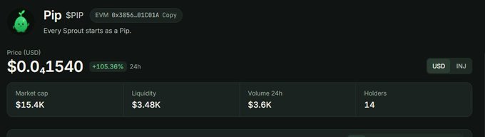 A cryptocurrency token information page for 'Pip' ($PIP) with EVM address 0x3856...81C81A, showing a price of $0.0₅1540, +105.36% in 24h, market cap $15.4K, liquidity $3.48K, 24h volume $3.6K, and 14 holders.