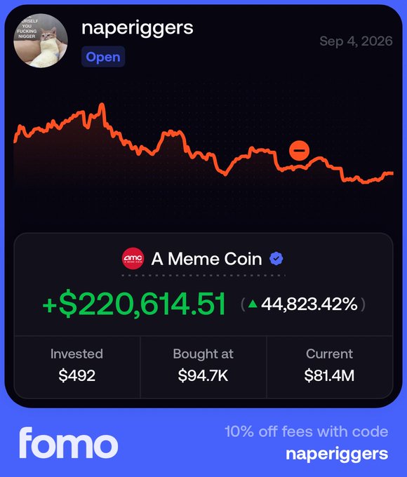 A promotional screenshot from Fomo showing a user "naperiggers" who turned a $492 investment into $220,614.51 (+44,823.42%) on the meme coin "$naperiggers" within 12 hours, featuring an orange price chart and a 10% off promo code for the platform.