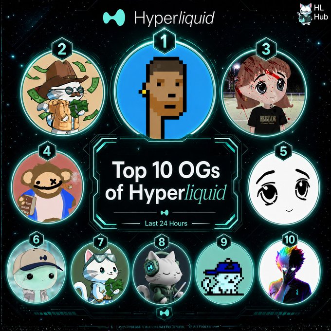 A "Top 10 OGs of Hyperliquid" graphic from HL Hub displays the top 10 posts in the last 24 hours, featuring numbered circular avatars of various characters (including pixel art, anime, and animal mascots) around a central title box, corresponding to the shoutout list of featured users like @vasuxbt and @NMTD8 mentioned in the caption.