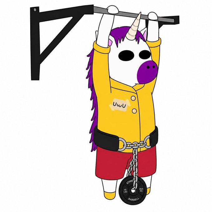Cartoon illustration of a unicorn character in a yellow shirt and red shorts doing pull-ups on a wall-mounted bar with a weight chain attached to its waist.