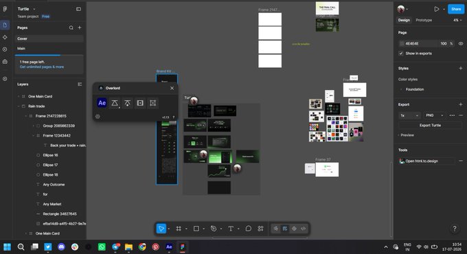 A Figma design workspace showing a Turtle project with page thumbnails, layers panel, and an Overlord plugin window open.