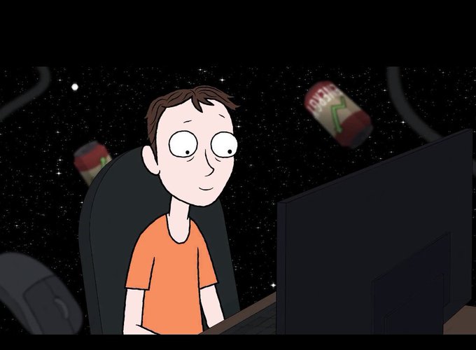 An animated cartoon character resembling Morty from Rick and Morty stares at a computer monitor while floating energy drink cans drift through a starry space background.