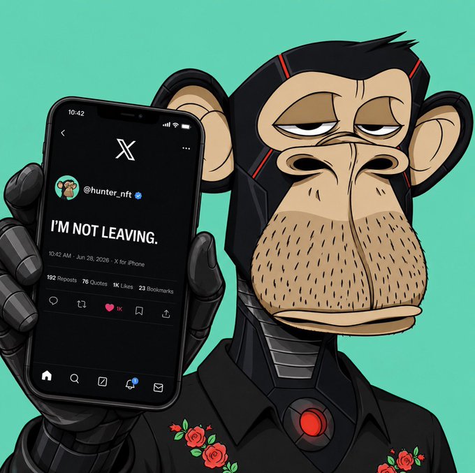 A bored-looking Bored Ape NFT character (@hunter_nft) holds up a phone displaying a defiant tweet that reads "I'M NOT LEAVING," countering the narrative that everyone has abandoned the space despite declining charts.