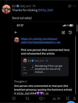A tweet screenshot from 'EJ' (@ej_onx) thanking people for clicking @Cta_Defi, featuring an X post that retweeted a giveaway for the 'Kaminova article' with giveaway instructions.