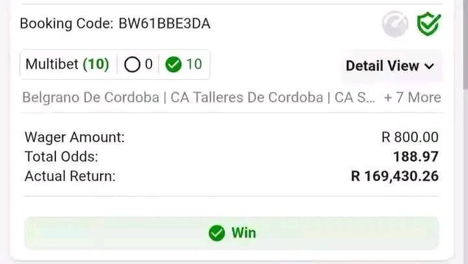 A betting slip showing a successful 'Win' with Booking Code BW61BBE3DA. It displays a Multibet with 10 selections from teams including Belgrano De Cordoba and CA Talleres De Cordoba, a Wager Amount of R 800.00, Total Odds of 188.97, and an Actual Return of R 169,430.26.