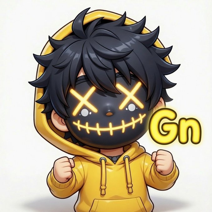 A chibi-style cartoon character in a yellow hoodie with glowing X eyes and a stitched smile, accompanied by the text 'Gn' in yellow bubble letters.