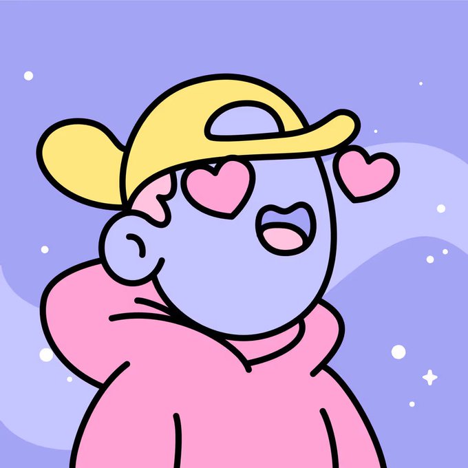 A cartoon character with purple skin wearing a yellow cap and pink hoodie, blowing heart-shaped kisses against a purple night sky background.