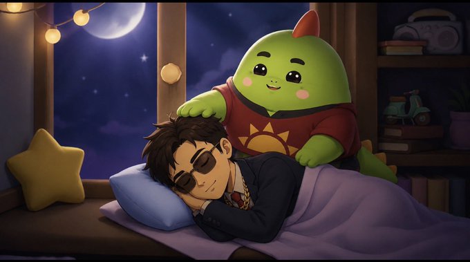 A cartoon-style illustration of a man in a suit and sunglasses sleeping by a window with a crescent moon visible, while a cute green character in a red shirt pats his head.