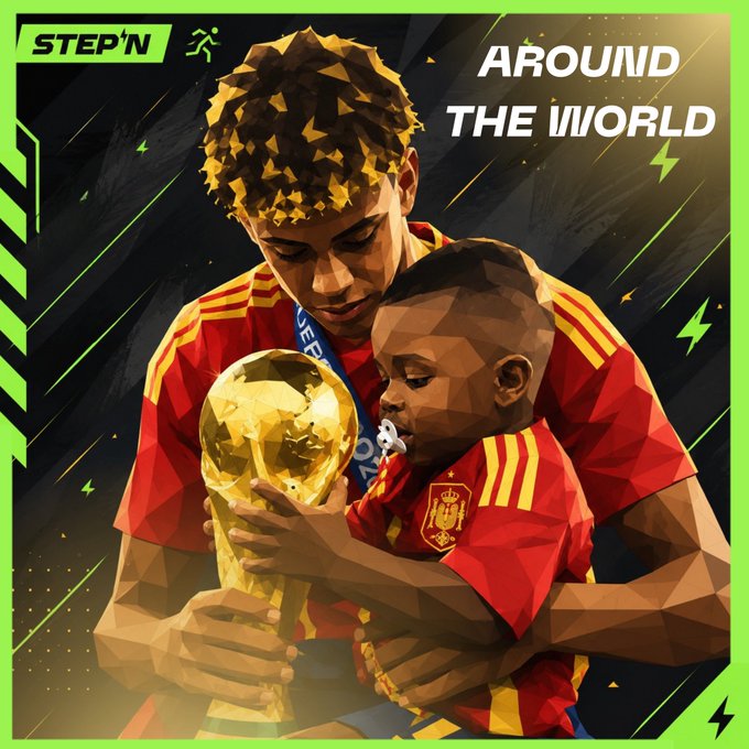 A STEP'N 'Around the World' graphic featuring a polygonal illustration of a Spain soccer player in a red and yellow jersey holding the FIFA World Cup trophy alongside a child.
