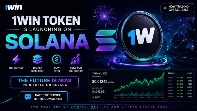 A promotional graphic announces the "1WIN TOKEN" launching on the Solana blockchain, featuring a large "1W" coin, a live 1WIN/USDC trading chart at $0.01245, and highlights of the network's ultra-fast speed, scalability, and low fees, aligning with the post's announcement of 1win's official decision to launch on Solana.