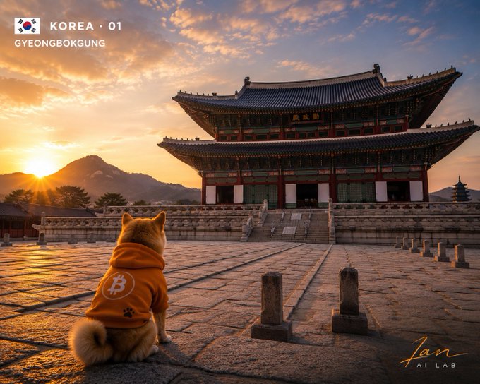A digital artwork labeled 'KOREA 01 GYEONGBOKGUNG' showing a Shiba Inu dog in an orange Bitcoin hoodie watching the sunset over Gyeongbokgung Palace, signed 'Jan AI LAB'.