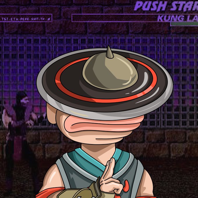 A cartoon character wearing a large spiked hat holds up a single finger in front of a purple brick wall, with text reading "PUSH START" and "KUNG LA" visible at the top of an arcade-style screen.