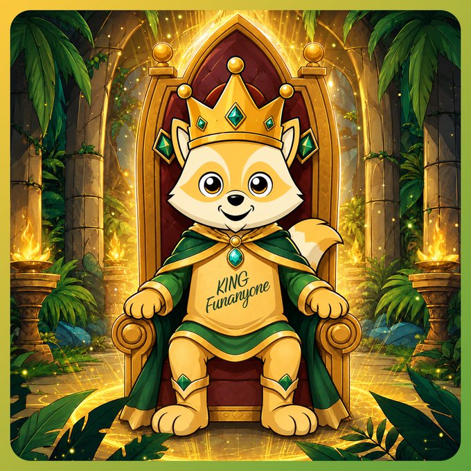 An illustration of a cartoon Shiba Inu dog wearing a gold crown and a green and yellow robe that reads "KING Furanyone," sitting on a throne in a jungle setting.