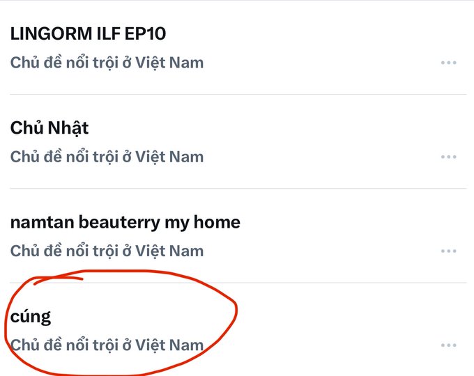 A screenshot of a list of trending topics in Vietnam ('Chủ đề nổi trội ở Việt Nam'), with the entry 'cúng' circled in red.