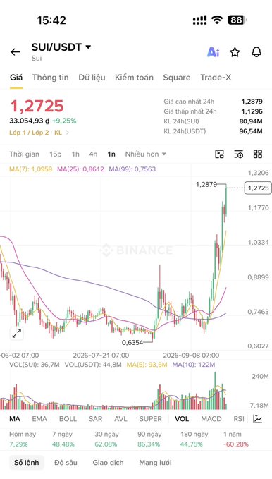 A mobile screenshot from the Binance app showing the SUI/USDT trading pair at $1.2725, up 9.25%, displaying a candlestick chart with moving averages on a daily timeframe.